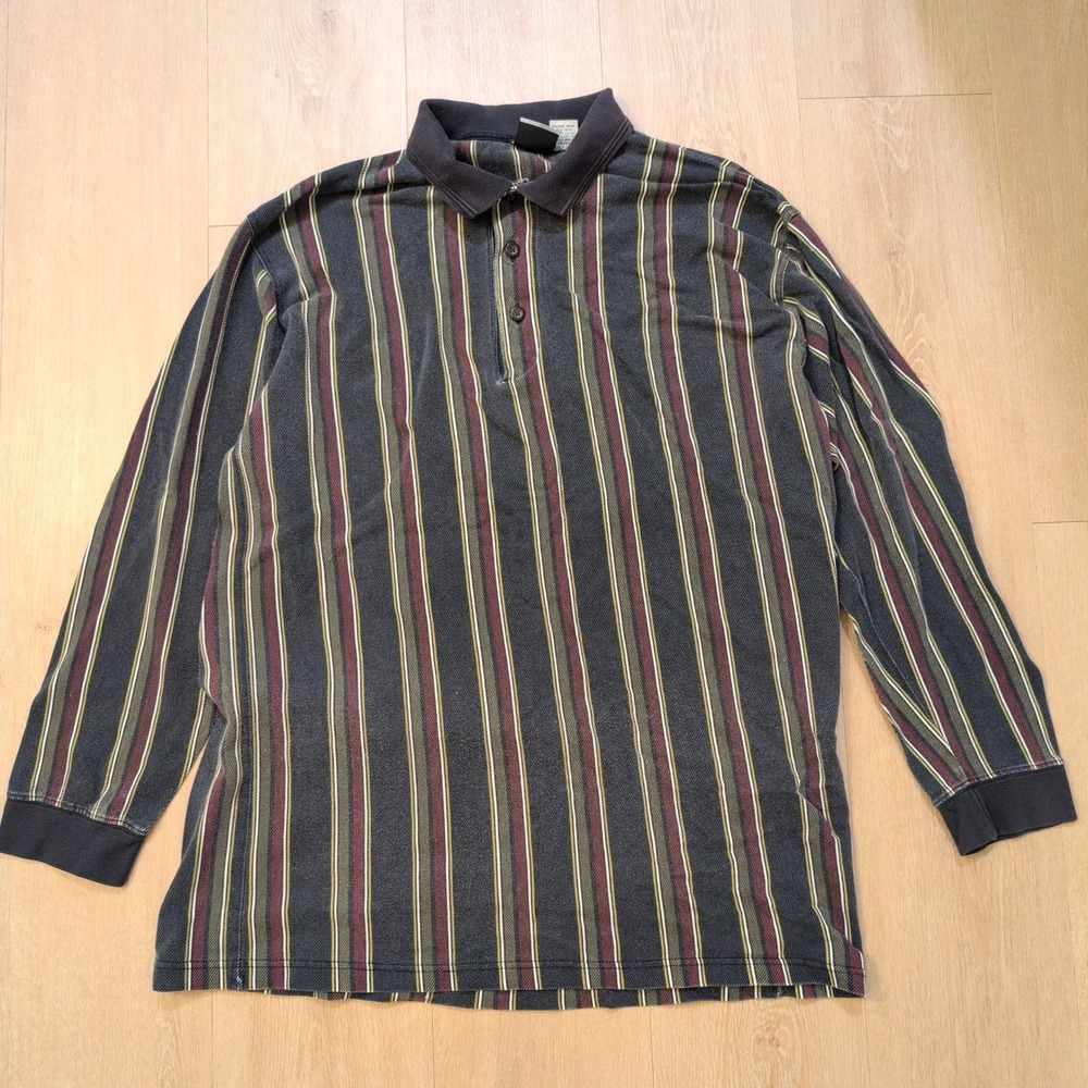 VTG Bugle Boy Men's Large Stripe Polo Shirt Rugby Art Deco Earthtone Preppy
